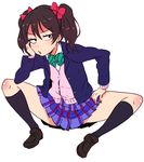  annoyed black_hair black_legwear blazer bow chin_rest hair_bow jacket kneehighs love_live! love_live!_school_idol_project otonokizaka_school_uniform plaid plaid_skirt pleated_skirt red_eyes school_uniform sitting skirt solo spread_legs twintails yazawa_nico yokkora 