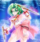 :o ass back_bow bangs blue_background bow breasts choker cleavage dagger earrings ellis_(toushinden) green_eyes green_hair holding holding_dagger holding_weapon huge_bow jewelry leotard looking_at_viewer medium_breasts parted_bangs pink_bow reverse_grip see-through short_hair solo tk8d32 toushinden weapon wrist_cuffs 