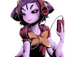  black_sclera bow bowtie digital_media_player extra_eyes fang fewer_digits h.b hair_bow headphones highres insect_girl lipstick looking_at_viewer makeup monster_girl muffet multiple_arms purple_eyes purple_hair purple_skin short_twintails smile solo spider_girl twintails two_side_up undertale upper_body white_background 