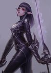  absurdres armor dual_wielding elf gauntlets hellcherr highres holding lipstick long_hair looking_at_viewer magic makeup nail_polish original pointy_ears purple_skin rapier red_eyes skin_tight slit_pupils smile solo sword weapon 