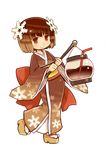  absurdres bonbori_yukico-tan brown brown_eyes brown_hair clog_sandals full_body hair_ornament highres holding japanese_clothes kimono long_sleeves official_art open_mouth sandals scarf shigatake short_hair smile solo transparent_background wide_sleeves yukico-tan yukijirushi 