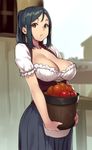  :o apple bangs black_hair blouse blue_skirt blurry bodice breasts brown_eyes bucket building carrying cleavage collarbone corset cowboy_shot depth_of_field dirndl food fruit german_clothes holding holding_bucket house houtengeki large_breasts long_skirt looking_at_viewer original outdoors parted_bangs parted_lips ponytail puffy_short_sleeves puffy_sleeves short_sleeves sidelocks skirt solo underbust white_blouse 