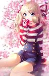  blonde_hair blue_eyes blush borrowed_character branch buttons cherry_blossoms denim flower gem glint heart highres holding_heart ifabulicious_oc long_sleeves looking_at_viewer original overalls plant pocket reflection ruby_(stone) shirt sitting smile solo squchan stitches striped striped_shirt suspenders wariza water water_drop 