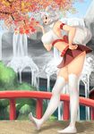  animal_ears autumn_leaves bare_shoulders breasts detached_sleeves eyebrows hand_on_hip highres inubashiri_momiji large_breasts leaf looking_at_viewer midriff nature open_mouth profile red_eyes short_hair silver_hair solo tail tall thick_eyebrows thighs tochinoko touhou water waterfall white_legwear wolf_ears wolf_tail 