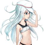 absurdres adjusting_clothes adjusting_hat armpits bad_id bad_pixiv_id bandeau bare_shoulders bikini blue_eyes blush collarbone cowboy_shot expressionless from_side hammer_and_sickle hat hibiki_(kantai_collection) highres kantai_collection long_hair looking_to_the_side midriff navel rubellent silver_hair simple_background smile solo stomach swimsuit tsurime verniy_(kantai_collection) very_long_hair wavy_mouth white_background white_hat 