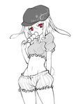  animal_ears bunny_ears bunny_tail cowboy_shot crop_top dango eating floppy_ears food greyscale hat highres looking_at_viewer midriff monochrome navel puffy_short_sleeves puffy_sleeves raptor7 red_eyes ringo_(touhou) short_hair short_shorts short_sleeves shorts solo spot_color standing striped tail touhou wagashi 