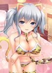  animal_print bad_id bad_pixiv_id blue_eyes breasts chain collar highres kantai_collection kashima_(kantai_collection) large_breasts leash long_hair looking_at_viewer mutsuba_fumi silver_hair solo tail thighhighs tiger_print twintails wavy_hair 