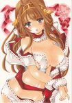  absurdres breasts brown_hair collarbone commentary_request gift_wrapping grey_eyes happy_valentine head_grab highres kantai_collection kongou_(kantai_collection) large_breasts long_hair marker_(medium) naked_ribbon navel open_mouth ribbon solo traditional_media valentine yurun 