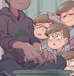  bad_id bad_twitter_id blurry blush brothers brown_hair depth_of_field futon head_out_of_frame hood hoodie indian_style male_focus matsuno_choromatsu matsuno_ichimatsu matsuno_juushimatsu matsuno_karamatsu matsuno_osomatsu matsuno_todomatsu multiple_boys one_eye_closed osomatsu-kun osomatsu-san pajamas pillow rian_(bdl) runny_nose siblings sick sitting sleeves_pushed_up surgical_mask sweatdrop towel wringing 