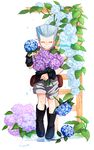  black_footwear boots closed_eyes earrings facing_viewer flower freckles full_body holding holding_flower hydrangea jean_pierre_polnareff jewelry jojo_no_kimyou_na_bouken male_focus petals plant pouch puddle rubber_boots shorts silver_hair smile solo standing tianel_ent twitter_username water younger 