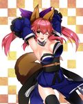  animal_ears breasts cleavage detached_sleeves fate/extra fate_(series) fox_ears fox_tail hair_ribbon japanese_clothes large_breasts long_hair pink_hair ribbon solo tail tamamo_(fate)_(all) tamamo_no_mae_(fate) thighhighs unaligned_breasts ycco_(estrella) yellow_eyes 