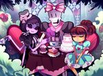  1boy 1girl alternate_costume alternate_hairstyle androgynous black_hair bow brown_hair cake chair commentary cup cupcake dress earrings extra_arms extra_eyes fangs flower food frisk_(undertale) hairband hands_on_lap hat insect_girl jewelry monster_girl muffet open_mouth papyrus_(undertale) plate purple_eyes purple_skin rotodisk sitting skeleton smile tea_party teapot undertale 