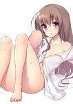  ass barefoot blue_eyes bottomless breasts brown_hair collarbone convenient_censoring convenient_leg fuya_(tempupupu) hapymaher hirasaka_keiko long_hair looking_at_viewer naked_shirt off_shoulder open_clothes open_shirt shirt sitting small_breasts solo sweat very_long_hair 