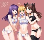  3girls :d :o ahoge alternate_costume aqua_eyes arm_around_waist arm_holding artoria_pendragon_(all) ass_visible_through_thighs bangs bare_legs bell bell_choker black_legwear black_panties blonde_hair blush bow breasts brown_hair cat_cutout cat_ear_panties cat_lingerie choker cleavage_cutout cowboy_shot eyebrows eyebrows_visible_through_hair fate/grand_order fate/stay_night fate_(series) followers frills girl_sandwich groin hair_intakes hair_ribbon highres holding_hands jingle_bell large_breasts legs_apart long_hair looking_at_viewer matou_sakura meme_attire multiple_girls navel number o3o open_mouth panties parted_bangs purple_eyes purple_hair red_background ribbon saber sandwiched side-tie_panties simple_background smile stomach sweat thigh_gap thighhighs toosaka_rin translated two_side_up underwear underwear_only white_bow white_panties ycco_(estrella) 