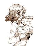  blush breast_hold breasts covered_nipples glasses kusanagi_tonbo large_breasts monochrome no_bra open_clothes open_shirt original shirt short_hair solo text_focus 