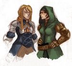  agrias_oaks armor bad_id bad_pixiv_id blonde_hair braid breasts brown_hair cloak corset final_fantasy final_fantasy_tactics gauntlets gloves hood long_hair meliadoul_tengille multiple_girls short_hair sketch white_background 