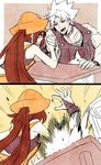 1girl arm_wrestling brown_hair chipp_zanuff earrings gloves guilty_gear hat jewelry long_hair may_(guilty_gear) orange_hat pirate_hat red_eyes suzunashi white_hair 