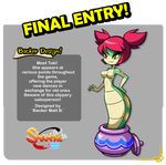  blue_eyes hand_on_hip kickstarter lamia monster_girl official_art pot red_hair shantae:_half-genie_hero shantae_(series) short_twintails slit_pupils solo text_focus tuki_(shantae) twintails yellow_sclera 