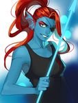  bad_id bad_pixiv_id blue_skin energy_spear eyepatch head_fins lictter monster_girl polearm ponytail red_hair smile solo spear tank_top teeth undertale undyne weapon 