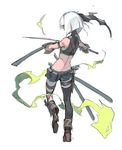  alternate_costume ankle_holster arm_strap azuki_(azuki-taste) bare_shoulders belt_pouch black_legwear boots bow breasts full_body gloves hair_bow hair_ribbon highres katana konpaku_youmu midriff pouch ribbon short_hair short_shorts shorts silver_hair simple_background single_thighhigh sleeveless sleeveless_turtleneck small_breasts solo standing standing_on_one_leg sword thigh_strap thighhighs touhou turtleneck unsheathed weapon white_background 