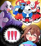  2boys 2girls androgynous blush chueog closed_eyes commentary crossed_legs fangs frisk_(undertale) goat_girl grin head_fins horns monster_girl multiple_boys multiple_girls one_eye_closed open_mouth papyrus_(undertale) poke_ball pokemon riding sans sitting skeleton smile sparkle tabard toriel undertale undyne 