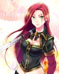  bow breasts cleavage gloves green_eyes high_command_katarina katarina_du_couteau knife league_of_legends long_hair medium_breasts midriff mizoreame navel red_hair scar smile solo sparkle weapon 