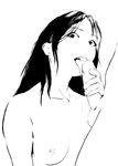 bad_id bad_pixiv_id breasts collarbone greyscale licking long_hair looking_at_viewer monochrome nipples original penis saliva saliva_trail sherpa small_breasts solo testicles tongue 