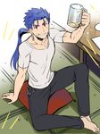  arm_up bad_id bad_twitter_id barefoot beer_mug blue_hair casual cup earrings fate/stay_night fate_(series) feet foam full_body highres holding holding_cup jewelry lancer looking_at_viewer male_focus ponytail red_eyes shimo_(s_kaminaka) shirt smile solo t-shirt table 