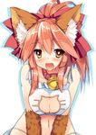 animal_ears bell bell_collar blush bra breasts cat_cutout cat_lingerie cleavage cleavage_cutout collar fangs fate/grand_order fate_(series) food fox_ears fox_tail fruit gloves hair_ribbon jingle_bell large_breasts long_hair looking_at_viewer meme_attire navel open_mouth orange panties paw_gloves paws pink_hair ribbon ryokushiki_(midori-ya) side-tie_panties solo tail tamamo_(fate)_(all) tamamo_cat_(fate) underwear underwear_only yellow_eyes 