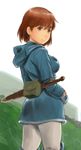  brown_eyes brown_hair earrings jewelry kaze_no_tani_no_nausicaa looking_at_viewer nausicaa pants shirt smile solo sword wa_(genryusui) weapon 