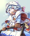  :d animal_hat bag beanie blue_bow blue_eyes blue_hair blue_sky bow breath capelet coat creature day fang fur_trim hat long_hair long_sleeves looking_at_viewer mataichi_mataro ole_tower open_mouth pom_pom_(clothes) sky smile snow_scoop_(ole_tower) sunlight tooth winter_clothes winter_coat 