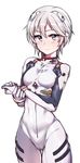  anastasia_(idolmaster) ayanami_rei ayanami_rei_(cosplay) bangs blue_eyes blush bodysuit bracer breasts clenched_hand closed_mouth cosplay cowboy_shot gloves hair_between_eyes hair_ornament hips holding_arm idolmaster idolmaster_cinderella_girls jp06 looking_at_viewer neon_genesis_evangelion number parted_bangs pilot_suit plugsuit short_hair silver_hair simple_background skin_tight small_breasts smile solo standing thigh_gap tsurime turtleneck white_background white_bodysuit 