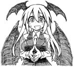  :d bat_wings dress_shirt fang greyscale head_wings koakuma long_hair monochrome necktie nervous_smile open_mouth shirt sketch skirt skirt_set smile solo steepled_fingers sweatdrop touhou vest wings yoshida_hideyuki 