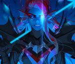  armor bad_id bad_pixiv_id black_sclera blue_skin energy_spear glowing glowing_eye head_fins lictter long_hair monster_girl polearm ponytail red_hair solo spear spoilers undertale undyne undyne_the_undying weapon 