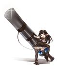 absurdres ao_(aocooler) black_eyes black_hair black_legwear blush boots cannon dress full_body gloves goggles goggles_on_head granblue_fantasy highres huge_weapon jessica_(granblue_fantasy) long_hair looking_at_viewer open_mouth pointy_ears smile solo thighhighs weapon white_gloves 