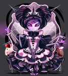  1girl alternate_costume alternate_hairstyle artist_name black_hair collar commentary cupcake dress extra_arms extra_eyes fangs frilled_collar frills heart highres icing insect_girl looking_at_viewer monster_girl muffet purple_eyes purple_skin rotodisk silk smile spider spider_web tiara undertale 