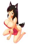  ahri animal_ears atg_(wttoo0202) bad_id bad_pixiv_id bangs barefoot black_hair blush breast_hold breasts cleavage closed_mouth collarbone covering fox_ears from_above full_body highres impossible_towel kneeling large_breasts league_of_legends long_hair looking_at_viewer low-tied_long_hair nude_cover simple_background smile solo swept_bangs towel very_long_hair whisker_markings white_background yellow_eyes 