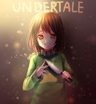  artist_name brown_eyes brown_hair chara_(undertale) copyright_name dust evil_grin evil_smile glint grin highres holding holding_weapon knife long_sleeves looking_at_viewer sasucchi95 smile solo spoilers striped striped_sweater sunlight sweater teeth undertale upper_body weapon 