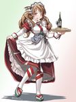  adapted_costume alcohol alternate_costume apron bottle brown_eyes brown_hair dress enmaided food glass hat holding_pizza kantai_collection littorio_(kantai_collection) long_hair maid maid_apron maid_headdress necktie open_mouth pizza ponytail shadow smile solo tatsumi_ray thighhighs tray wavy_hair wine 