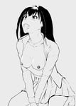  arm_support bad_id bad_pixiv_id between_legs blush breasts collarbone greyscale hand_between_legs idolmaster idolmaster_cinderella_girls jewelry long_hair monochrome necklace nipples open_clothes school_uniform sherpa shibuya_rin skirt small_breasts solo tongue tongue_out 