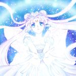  bishoujo_senshi_sailor_moon blue_background blue_eyes bow cowboy_shot crescent crown double_bun dress earrings facial_mark forehead_mark fuzuki_(pri_fuhki) gem jewelry long_hair maboroshi_no_ginzuishou neo_queen_serenity outstretched_hand petals solo tsukino_usagi twintails white white_bow white_dress white_hair 