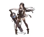  bangs bazooka belt black_eyes black_hair black_legwear blunt_bangs boots buttons cuffs dress full_body gloves goggles goggles_on_head granblue_fantasy gun holster huge_weapon jessica_(granblue_fantasy) long_hair minaba_hideo official_art open_collar short_dress shoulder_guard smile solo strap thighhighs transparent_background weapon white_gloves 