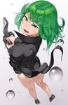  ass black_dress blush commentary_request curly_hair dress from_above go_robots green_eyes green_hair looking_at_viewer looking_up one-punch_man short_hair solo tatsumaki telekinesis wet wet_clothes 