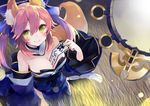  animal_ears bare_shoulders between_breasts blush bow breasts cleavage detached_sleeves fate/extra fate_(series) fox_ears fox_tail hair_bow hair_ribbon japanese_clothes kou_mashiro large_breasts looking_at_viewer looking_up mirror ofuda pink_hair ribbon smile solo suiten_nikkou_amaterasu_yanoshisu_ishi tail tamamo_(fate)_(all) tamamo_no_mae_(fate) twintails yellow_eyes 