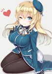  ;) arm_support atago_(kantai_collection) bad_id bad_pixiv_id bangs beret black_gloves black_legwear blonde_hair blue_hat bow breasts cravat eyebrows eyebrows_visible_through_hair gloves hat heart index_finger_raised kantai_collection lace_trim large_breasts long_hair looking_at_viewer military military_uniform one_eye_closed pantyhose shadow simple_background sitting smile solo uniform yuzu-aki 