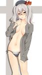  alternate_costume beret bespectacled blue_eyes blush breasts cain_(inosennto007) collarbone cowboy_shot glasses hat highres kantai_collection kashima_(kantai_collection) large_breasts long_sleeves looking_at_viewer naked_shirt navel no_bra open_clothes open_mouth open_shirt panties shirt side-tie_panties silver_hair simple_background solo striped striped_panties twintails underwear wavy_hair white_background 