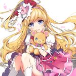  asahina_mirai bad_id bad_pixiv_id bear blonde_hair blue_eyes blush bow creature cure_miracle earrings gloves hair_bow hairband half_updo hat holding jewelry long_hair looking_at_viewer magical_girl mahou_girls_precure! mini_hat mini_witch_hat mofurun_(mahou_girls_precure!) necomi one_eye_closed pink_hat pink_skirt ponytail precure red_bow skirt smile star star_in_eye symbol_in_eye white_background white_gloves witch_hat 