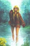  blonde_hair blue_eyes final_fantasy final_fantasy_tactics flower geomancer_(fft) gloves long_hair no_pants roten solo twintails wading water 