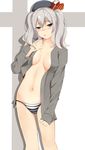  alternate_costume beret blue_eyes blush breasts cain_(inosennto007) collarbone cowboy_shot hat highres kantai_collection kashima_(kantai_collection) large_breasts long_sleeves looking_at_viewer naked_shirt navel no_bra open_clothes open_mouth open_shirt panties shirt silver_hair simple_background solo striped striped_panties twintails underwear wavy_hair white_background 