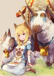  :d alpaca animal_ears arm_at_side arm_warmers bangs bell blonde_hair blue_eyes blurry boots bow brown_footwear cat_ears commentary_request depth_of_field extra_ears grass grey_background hair_tie long_skirt meowstress monster_hunter monster_hunter_x moofah on_ground open_mouth paw_print petting ponytail roll_okashi short_hair simple_background sitting skirt smile wariza white_bow white_skirt 